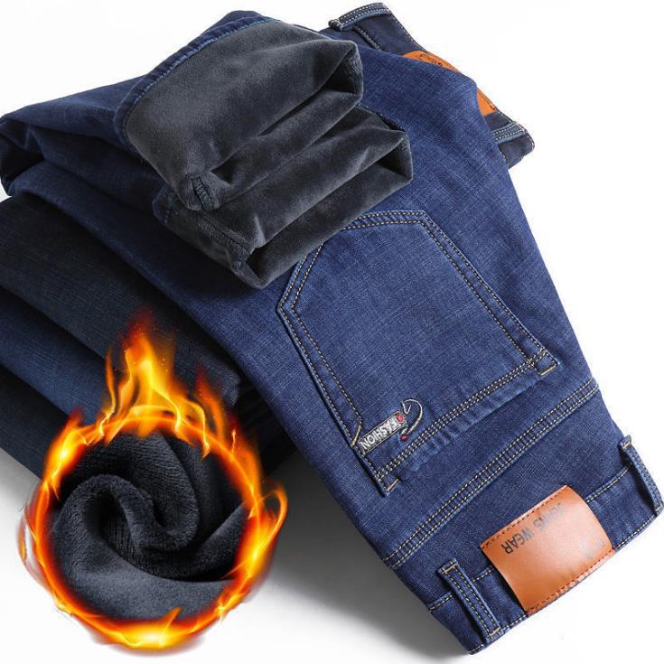 Winter Lamb Velvet Fleece-Lined Jeans Men'S Loose Straight Business Thickened Warm Casual Trendy Pants - Image 1